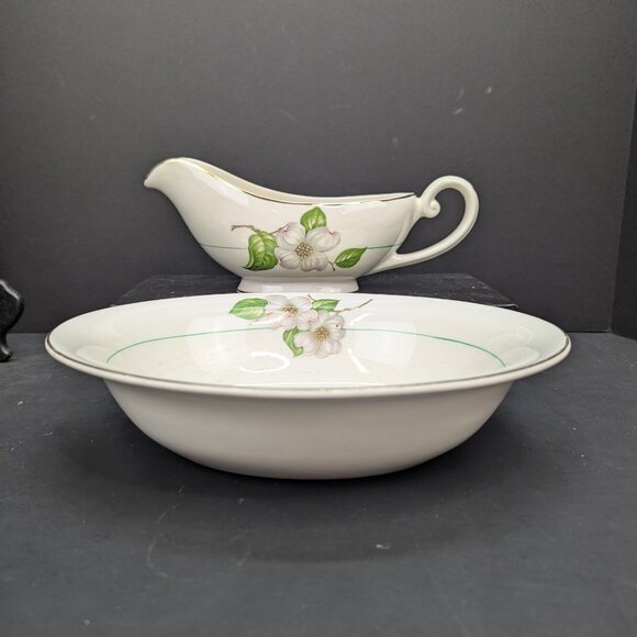 Vintage Pope Gosser China Floral Dogwood Replacement 1 Gravy Boat 1 Oval Bowl - Picture 2 of 10